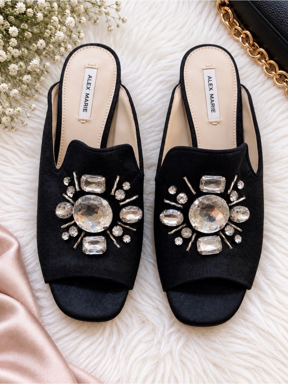 Effie Velvet Oversized Jewel Ornament Peep Toe Dress Mules